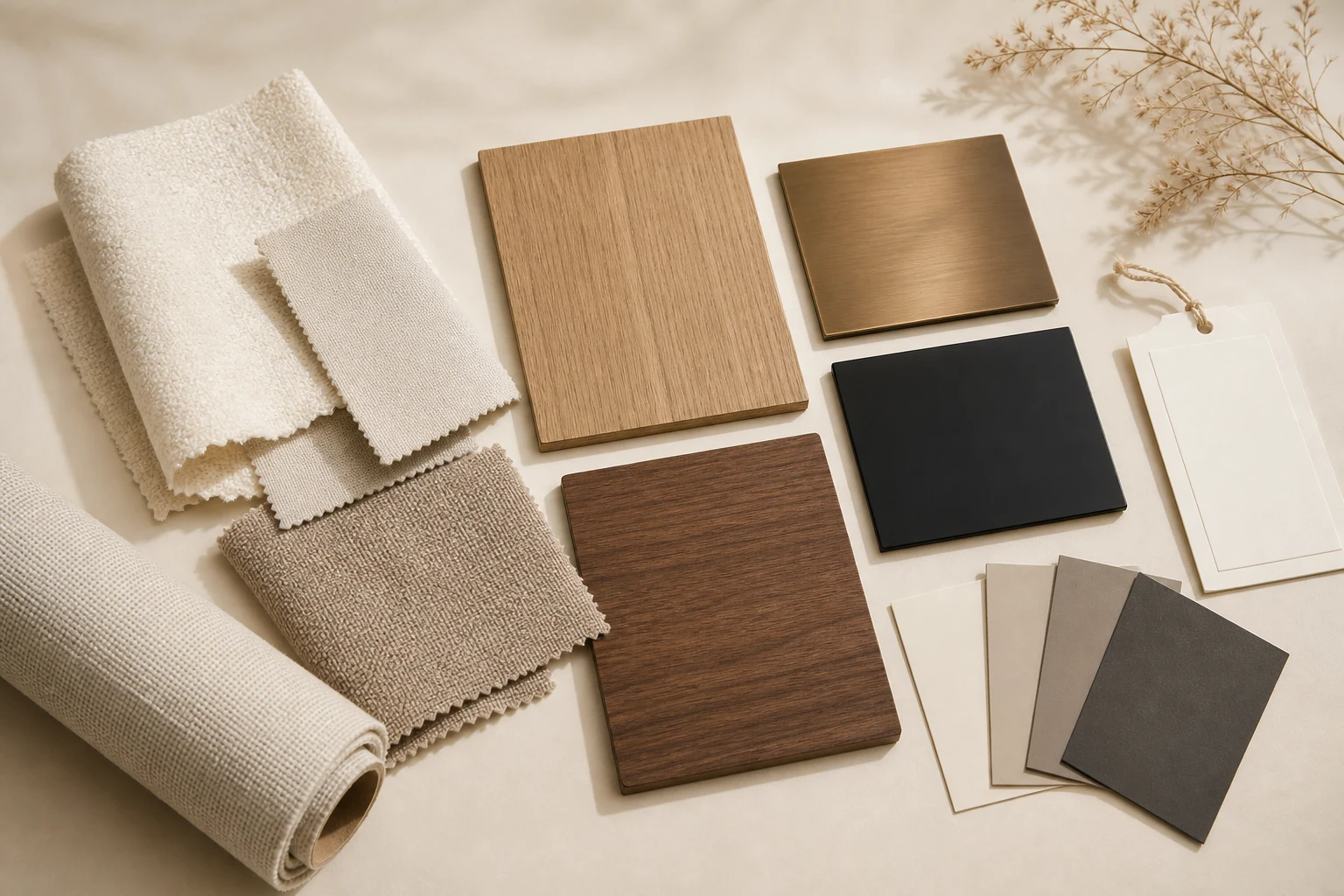 VAVVAA materials and finishes board with upholstery, wood and metal samples