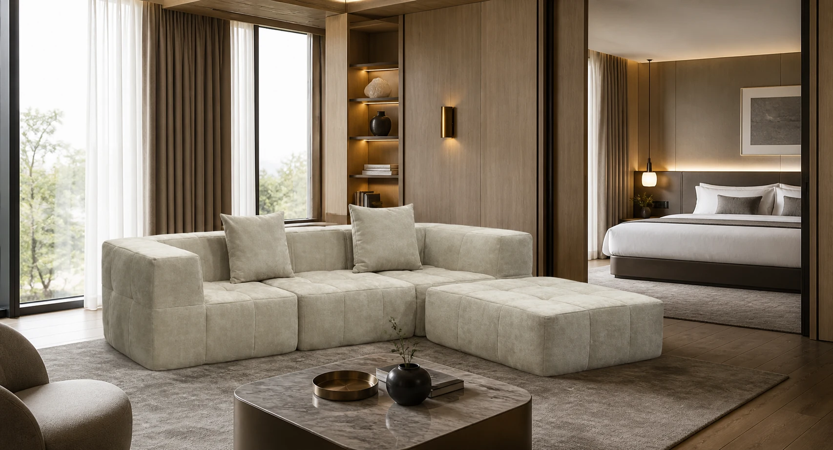 VAVVAA compact upholstered sofa integrated into a hospitality lounge scene