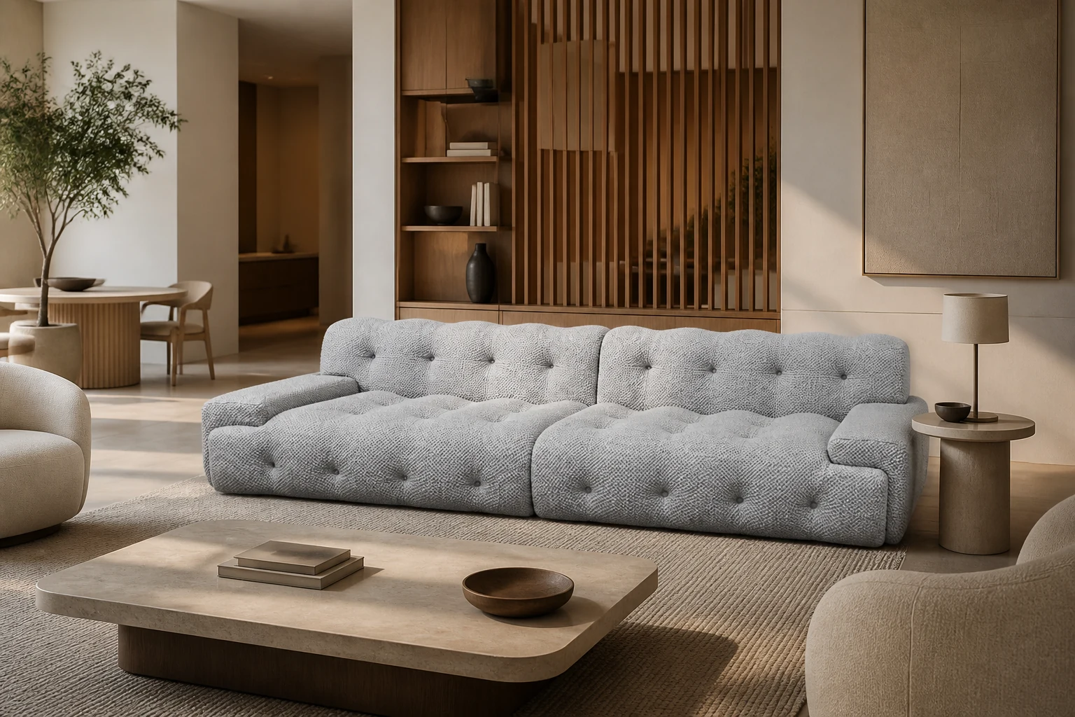 VAVVAA compressed sofa in a refined apartment hotel lounge product system scene