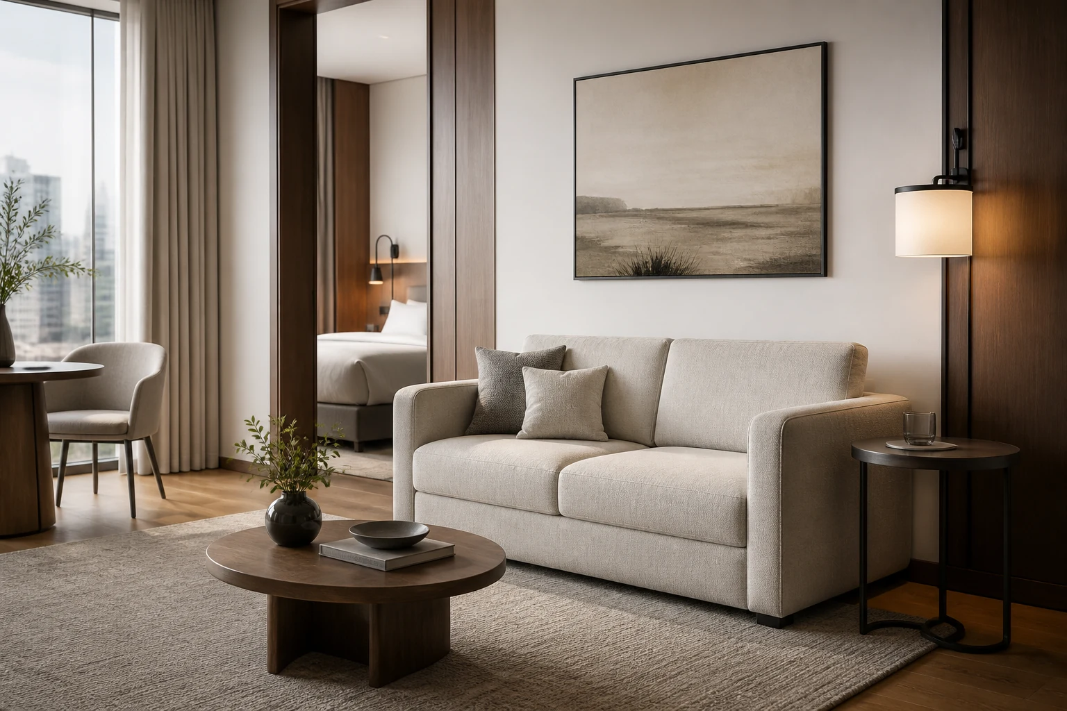 VAVVAA compact upholstered sofa in a refined hospitality lounge scene