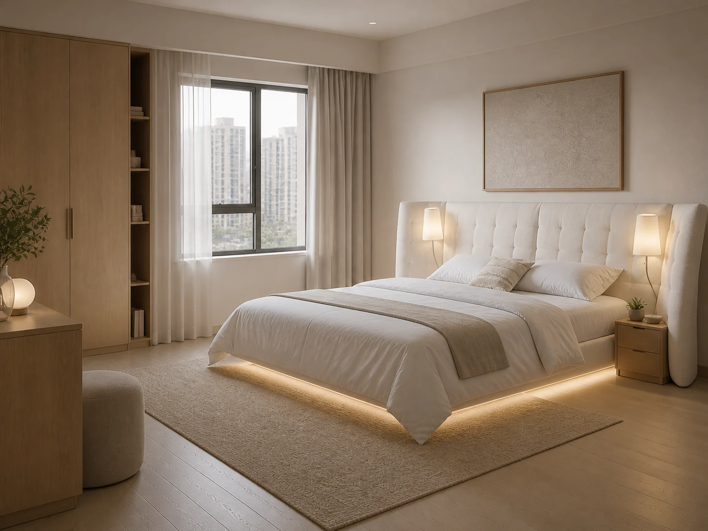 VAVVAA lighted floating bed with integrated reading lamps